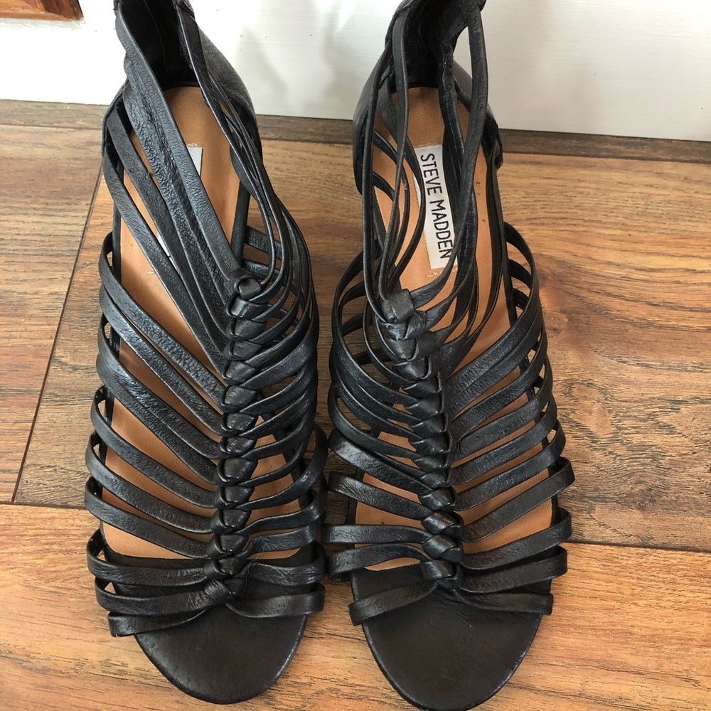 Black Leather strapping wedges